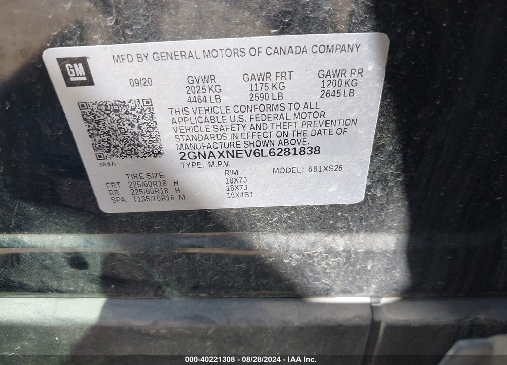 2020 CHEVROLET EQUINOX FWD PREMIER 1.5L TURBO VIN: 2GNAXNEV6L6281838