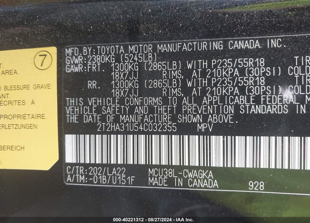 2004 LEXUS RX 330 VIN: 2T2HA31U54C032355