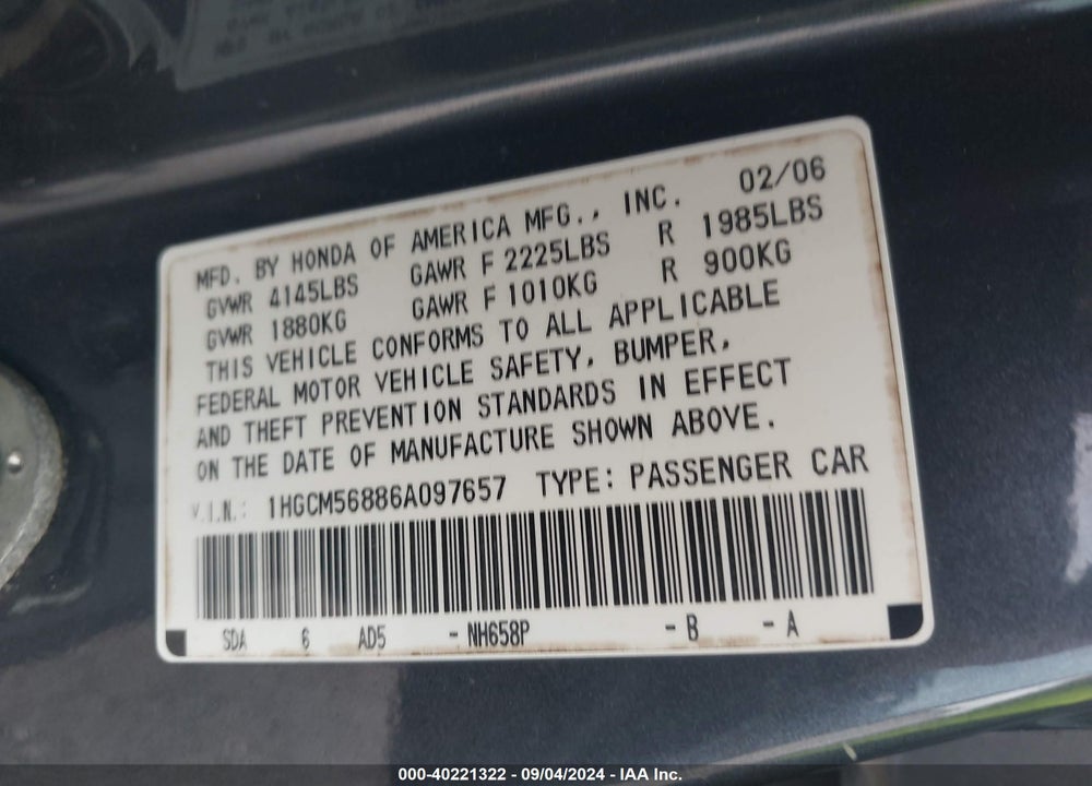 2006 HONDA ACCORD 2.4 EX VIN: 1HGCM56886A097657