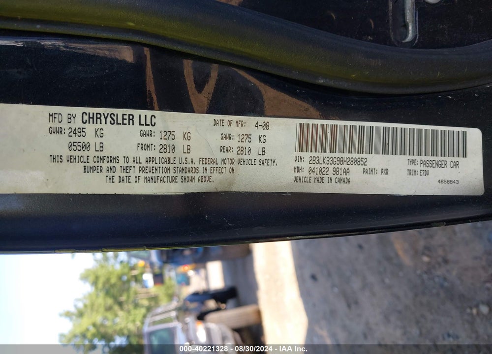 2008 DODGE CHARGER SXT VIN: 2B3LK33G98H280852