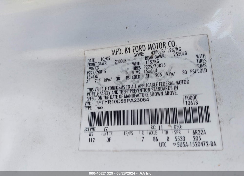 2006 FORD RANGER VIN: 1FTYR10D56PA23064
