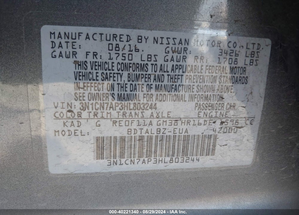 2017 NISSAN VERSA 1.6 SV VIN: 3N1CN7AP3HL803244