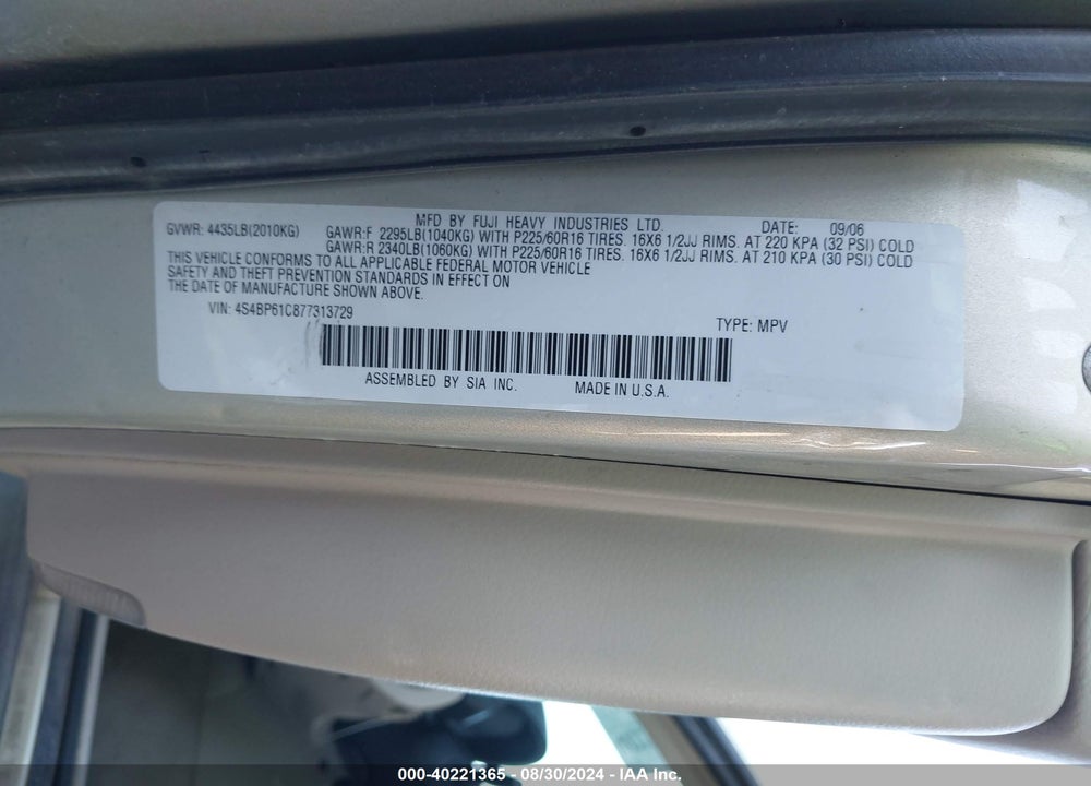 2007 SUBARU OUTBACK 2.5I BASIC VIN: 4S4BP61C877313729