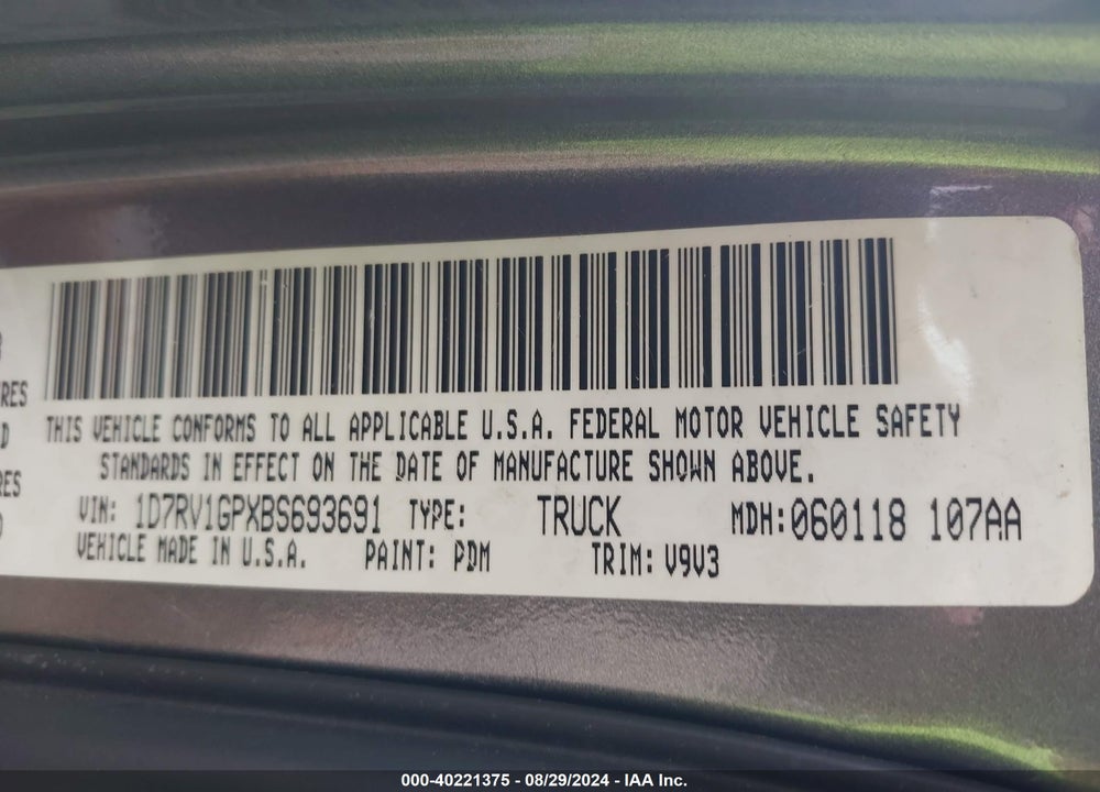 2011 RAM 1500 SLT VIN: 1D7RV1GPXBS693691