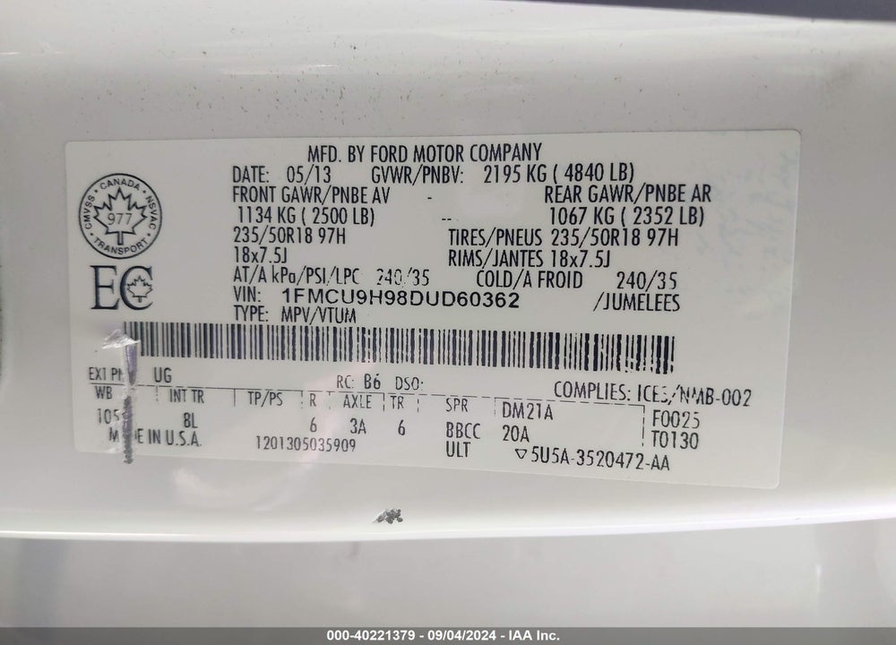 2013 FORD ESCAPE SEL VIN: 1FMCU9H98DUD60362