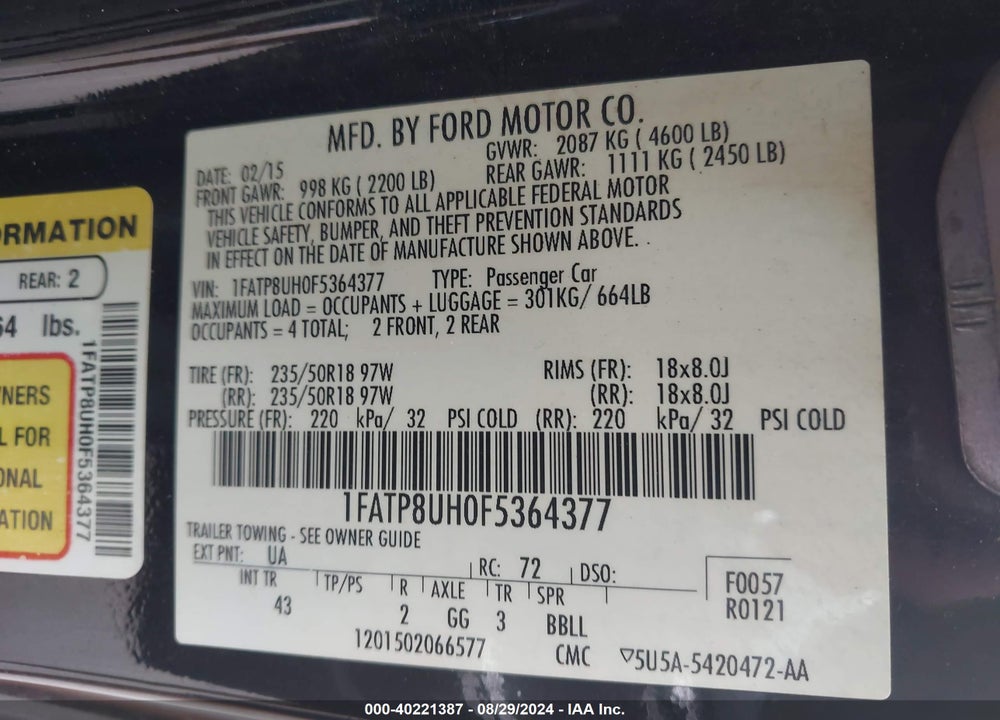 2015 FORD MUSTANG ECOBOOST PREMIUM VIN: 1FATP8UH0F5364377