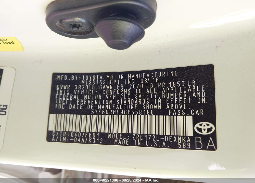 2016 TOYOTA COROLLA LE VIN: 5YFBURHE9GP558186
