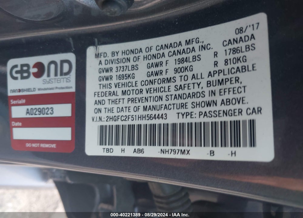 2017 HONDA CIVIC LX VIN: 2HGFC2F51HH564443