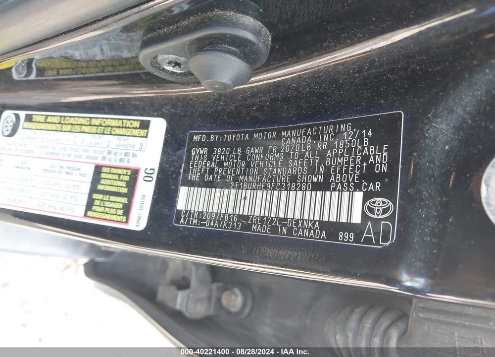 2015 TOYOTA COROLLA LE PLUS VIN: 2T1BURHE9FC318280