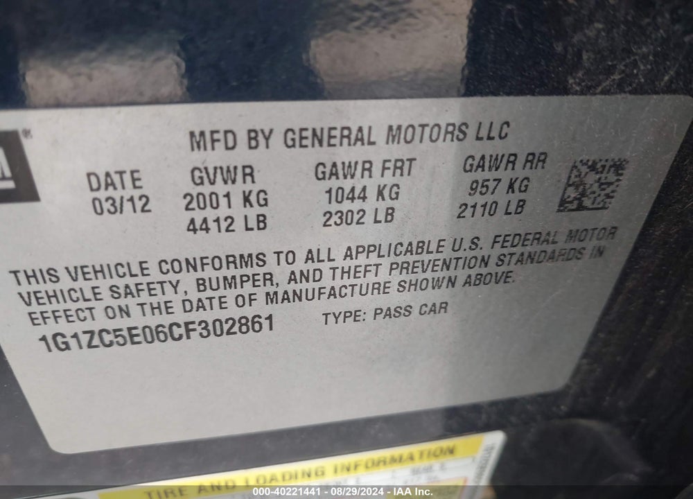 2012 CHEVROLET MALIBU 1LT VIN: 1G1ZC5E06CF302861