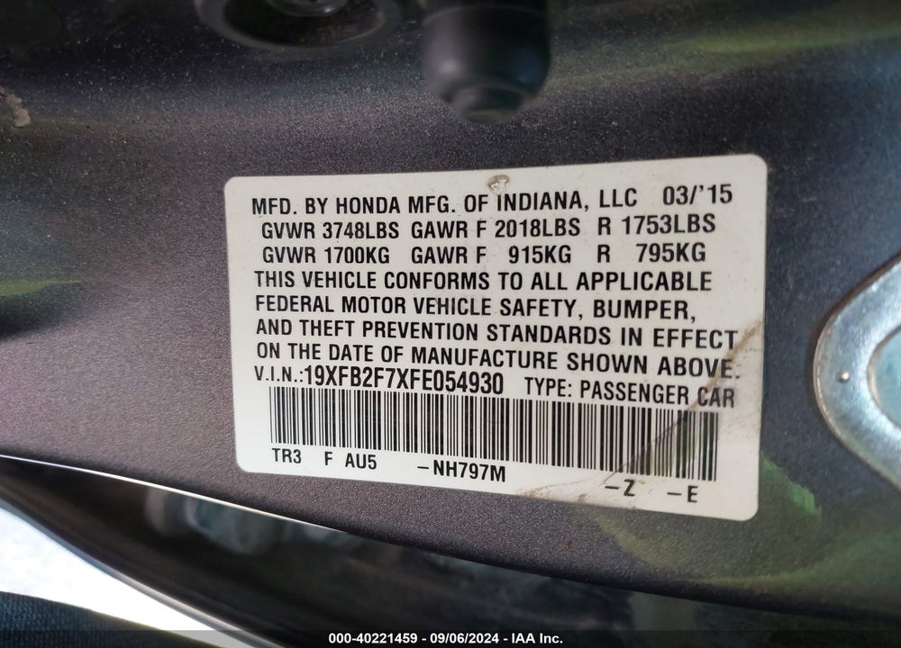 2015 HONDA CIVIC SE VIN: 19XFB2F7XFE054930