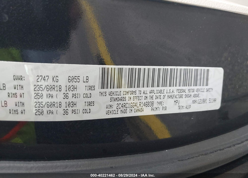 2020 CHRYSLER PACIFICA LIMITED VIN: 2C4RC1GG4LR146838