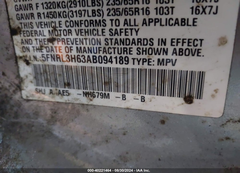 2010 HONDA ODYSSEY EX-L VIN: 5FNRL3H63AB094189