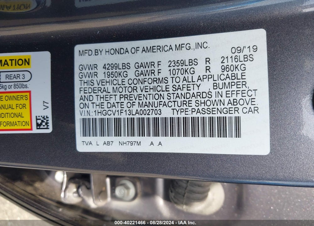 2020 HONDA ACCORD LX VIN: 1HGCV1F13LA002703