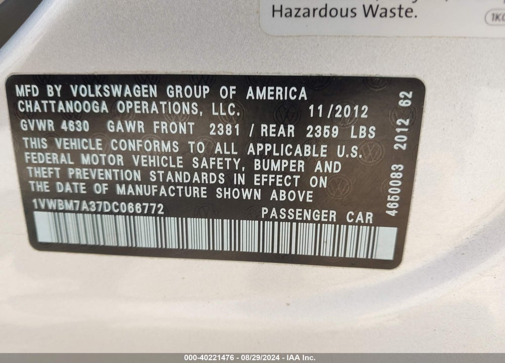 2013 VOLKSWAGEN PASSAT 3.6L V6 SE VIN: 1VWBM7A37DC066772