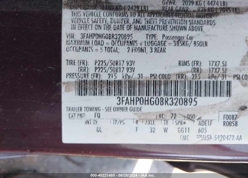 2011 FORD FUSION SE VIN: 3FAHP0HG0BR320895