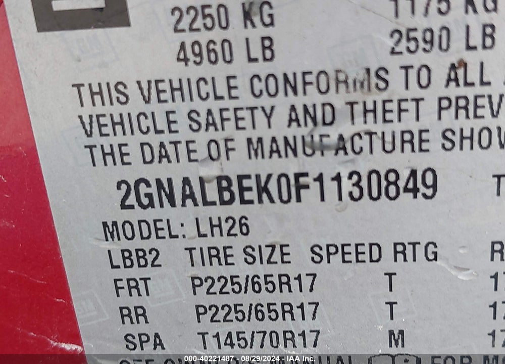 2015 CHEVROLET EQUINOX 1LT VIN: 2GNALBEK0F1130849