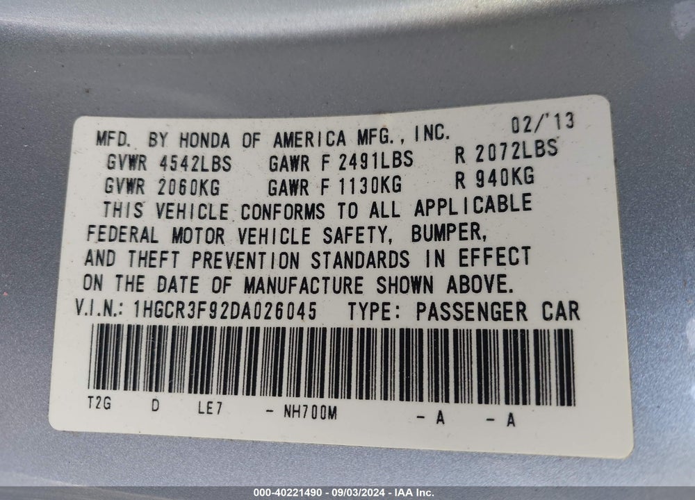 2013 HONDA ACCORD TOURING VIN: 1HGCR3F92DA026045