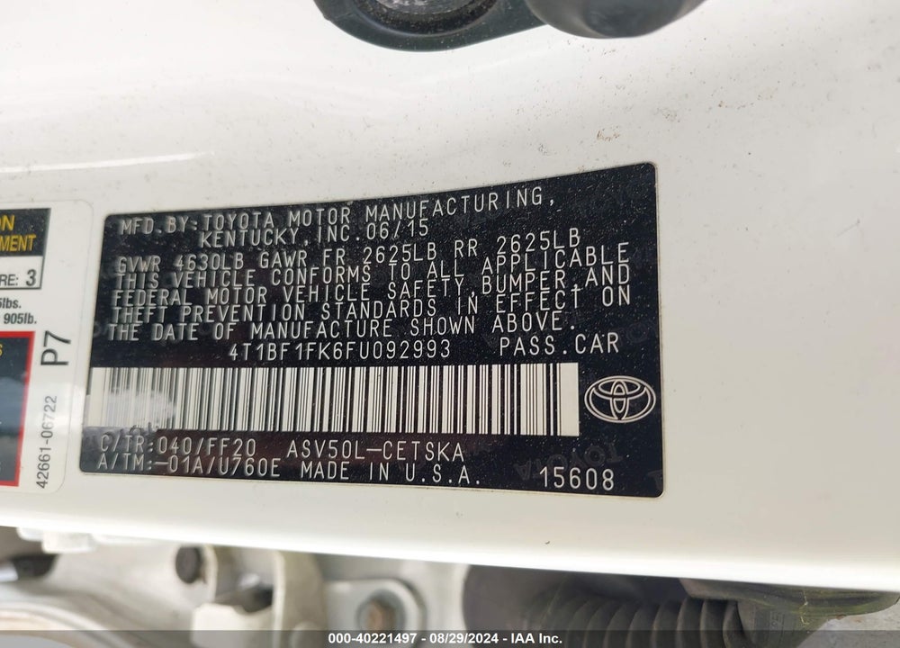 2015 TOYOTA CAMRY SE VIN: 4T1BF1FK6FU092993