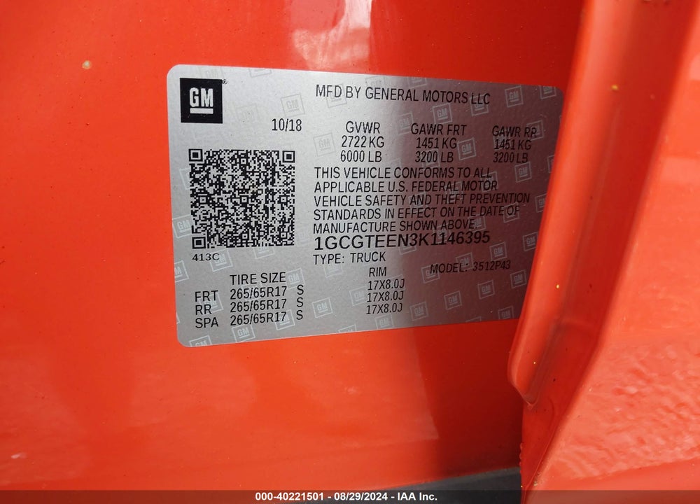 2019 CHEVROLET COLORADO ZR2 VIN: 1GCGTEEN3K1146395