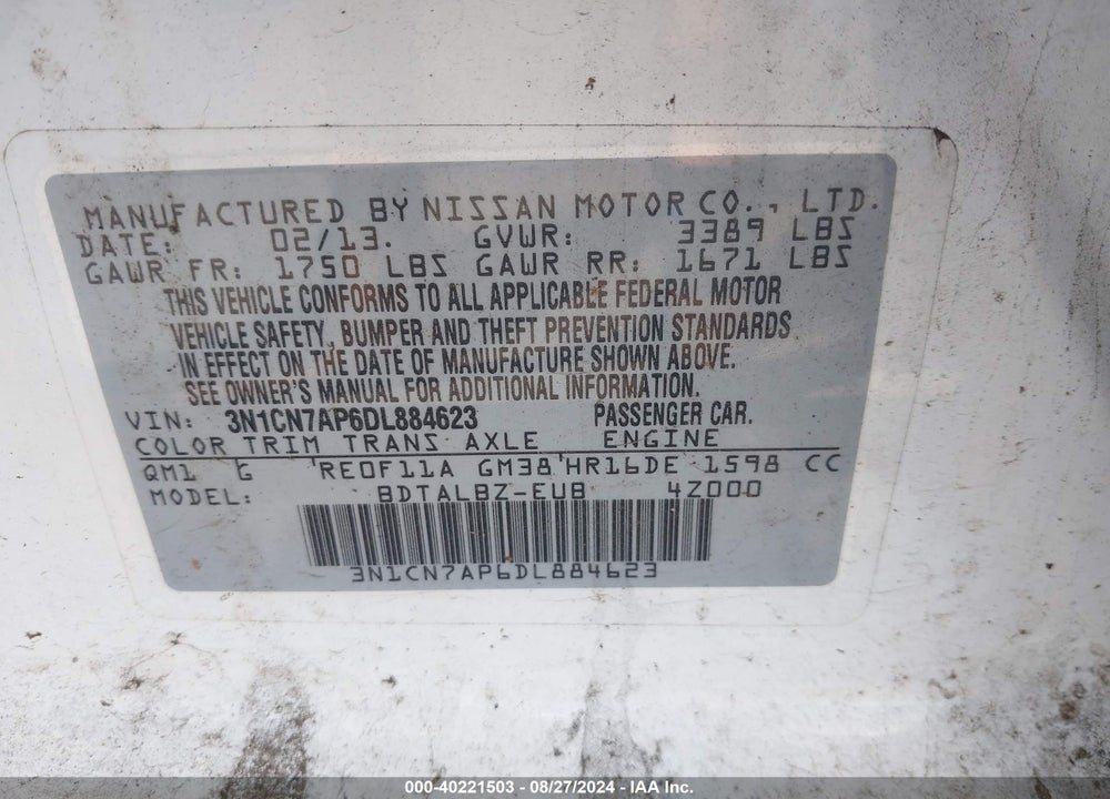 2013 NISSAN VERSA 1.6 SV VIN: 3N1CN7AP6DL884623