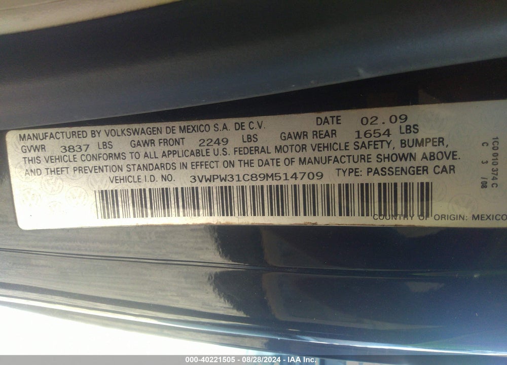 2009 VOLKSWAGEN NEW BEETLE 2.5L VIN: 3VWPW31C89M514709