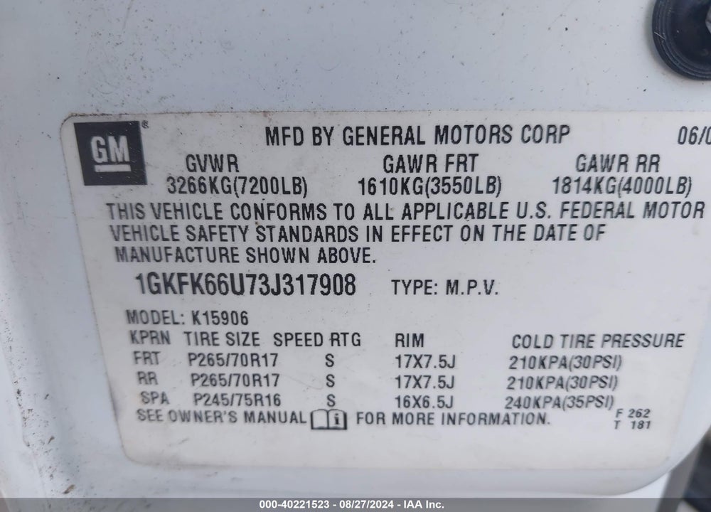 2003 GMC YUKON XL 1500 DENALI VIN: 1GKFK66U73J317908
