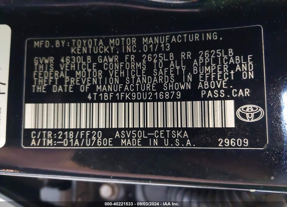 2013 TOYOTA CAMRY SE VIN: 4T1BF1FK9DU216879