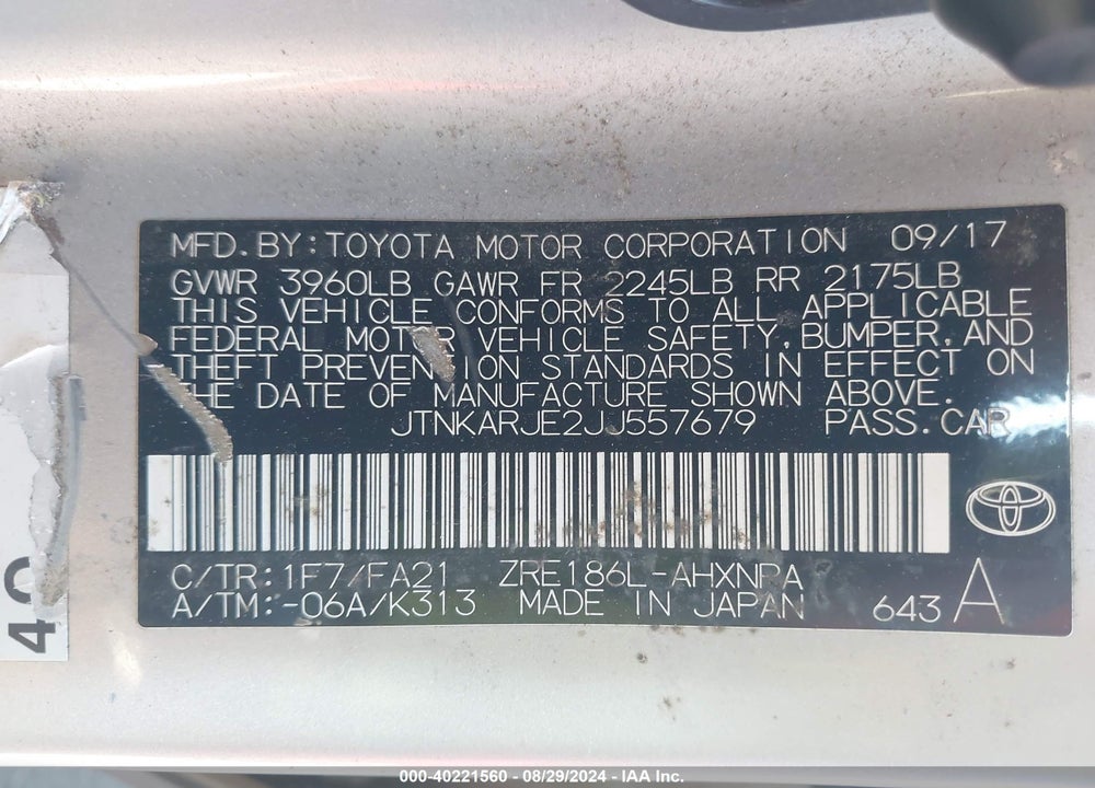 2018 TOYOTA COROLLA IM VIN: JTNKARJE2JJ557679