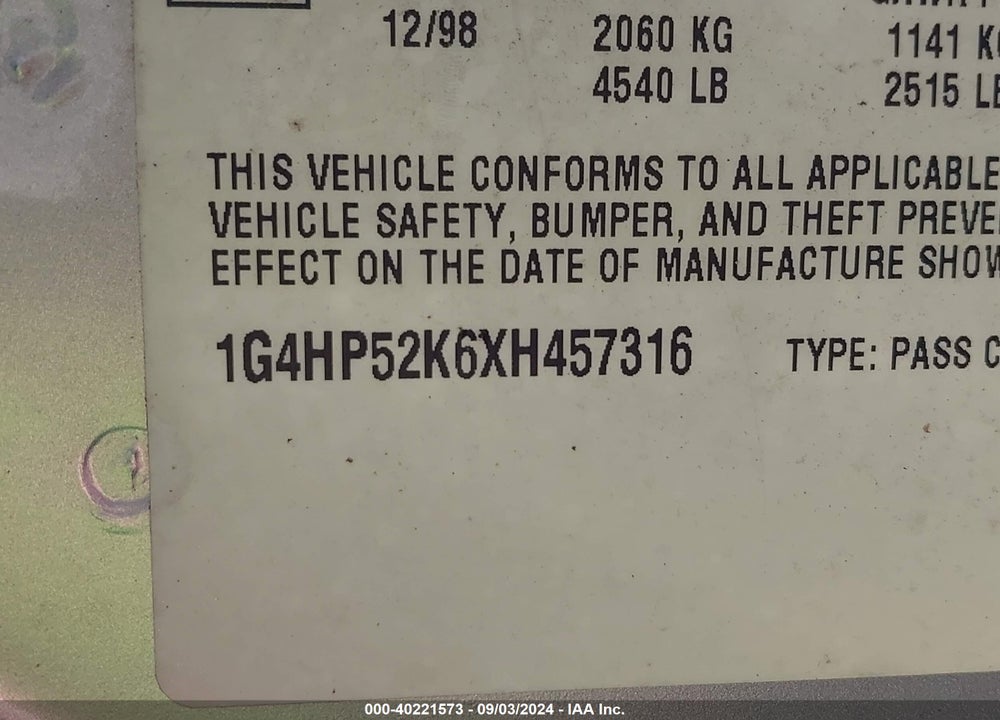1999 BUICK LESABRE CUSTOM VIN: 1G4HP52K6XH457316