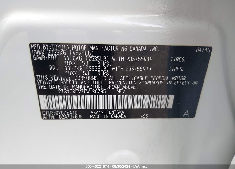 2015 TOYOTA RAV4 LIMITED VIN: 2T3YFREV7FW186795