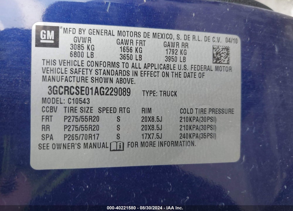 2010 CHEVROLET SILVERADO 1500 LT VIN: 3GCRCSE01AG229089