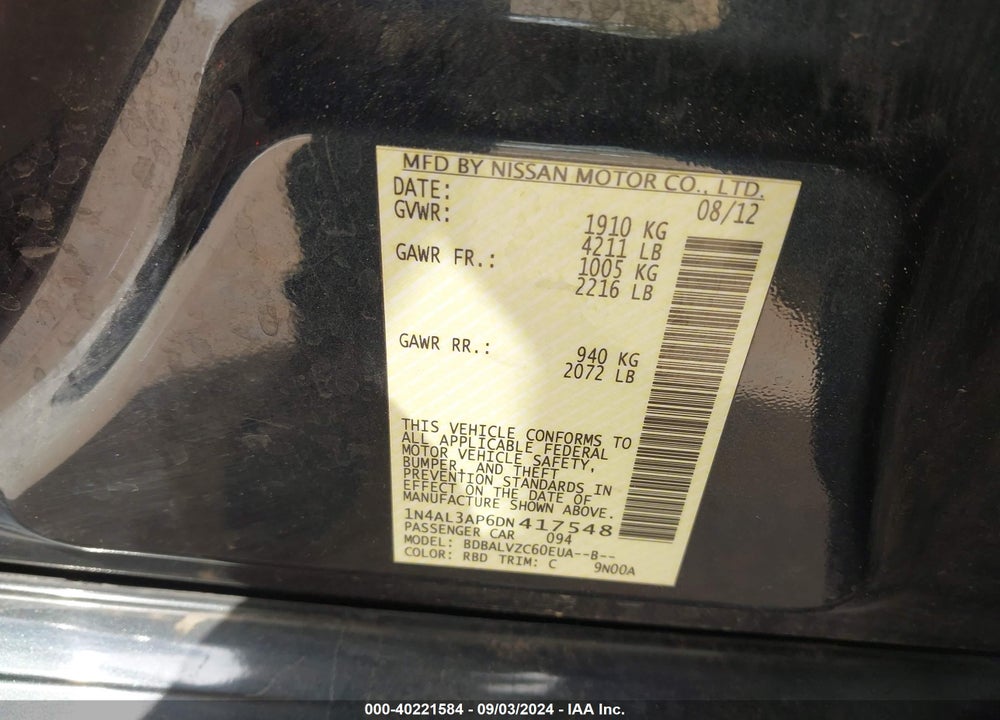 2013 NISSAN ALTIMA 2.5 SL VIN: 1N4AL3AP6DN417548