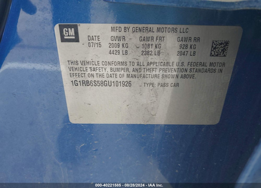 2016 CHEVROLET VOLT PREMIER VIN: 1G1RB6S58GU101926