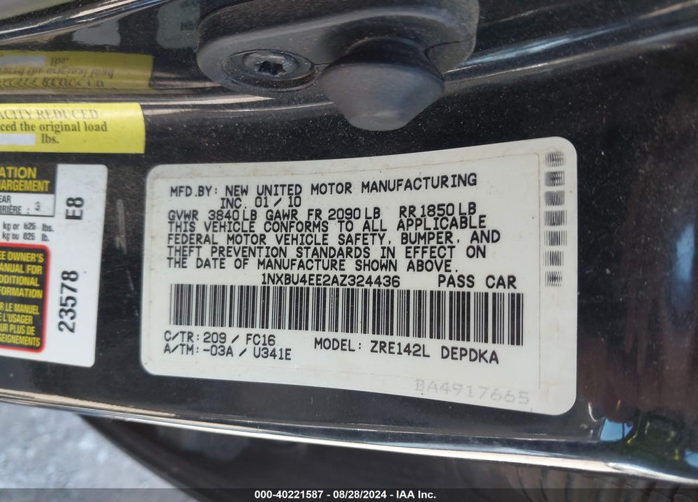 2010 TOYOTA COROLLA LE VIN: 1NXBU4EE2AZ324436