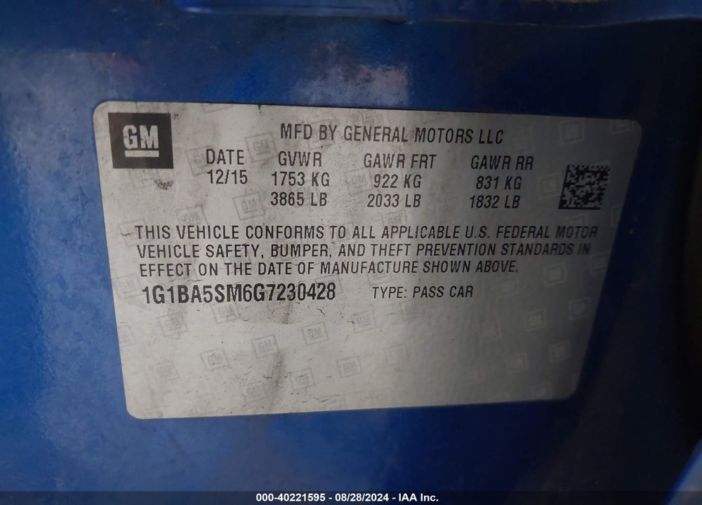 2016 CHEVROLET CRUZE L MANUAL VIN: 1G1BA5SM6G7230428