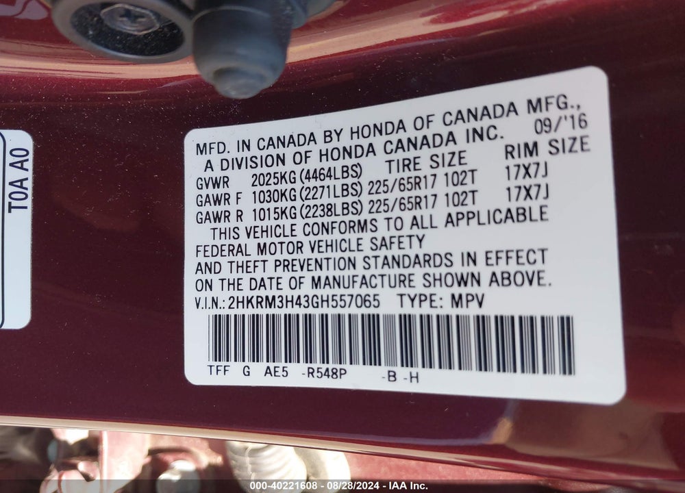 2016 HONDA CR-V SE VIN: 2HKRM3H43GH557065