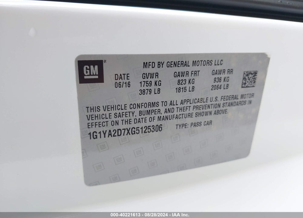 2016 CHEVROLET CORVETTE STINGRAY VIN: 1G1YA2D7XG5125306