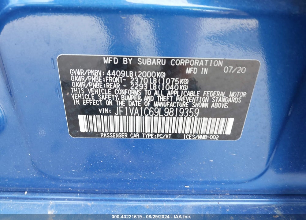2020 SUBARU WRX PREMIUM VIN: JF1VA1C69L9819359