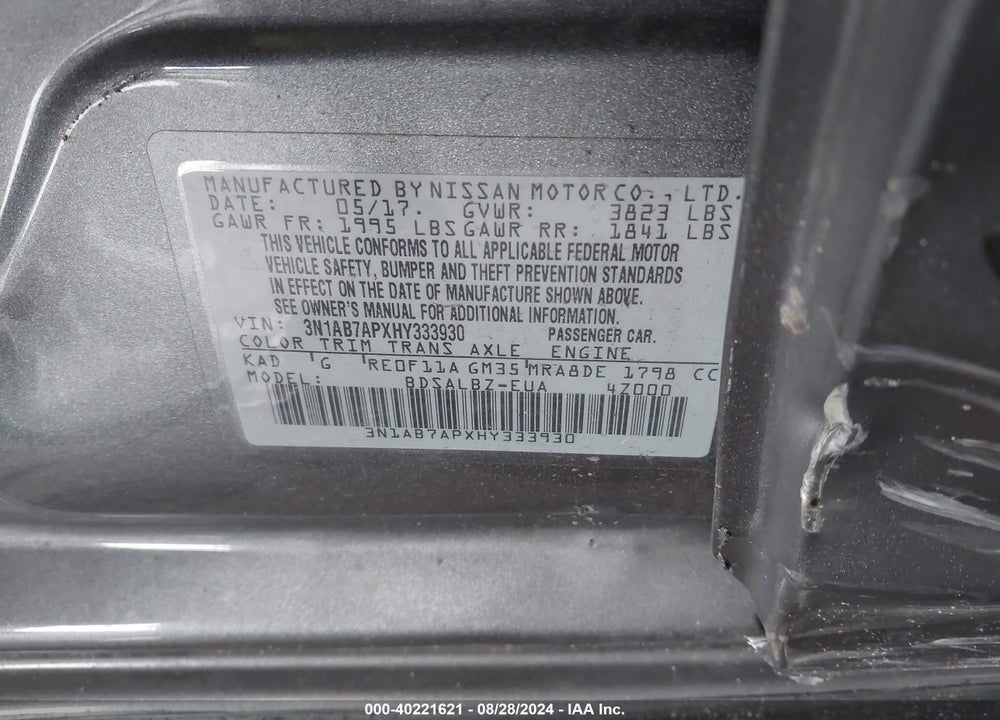 2017 NISSAN SENTRA S VIN: 3N1AB7APXHY333930