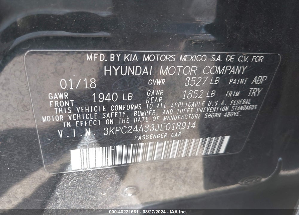 2018 HYUNDAI ACCENT SE VIN: 3KPC24A33JE018914