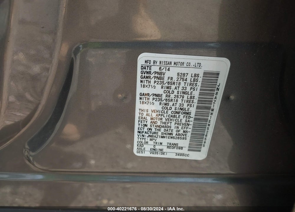 2014 NISSAN MURANO SV VIN: JN8AZ1MW1EW526595