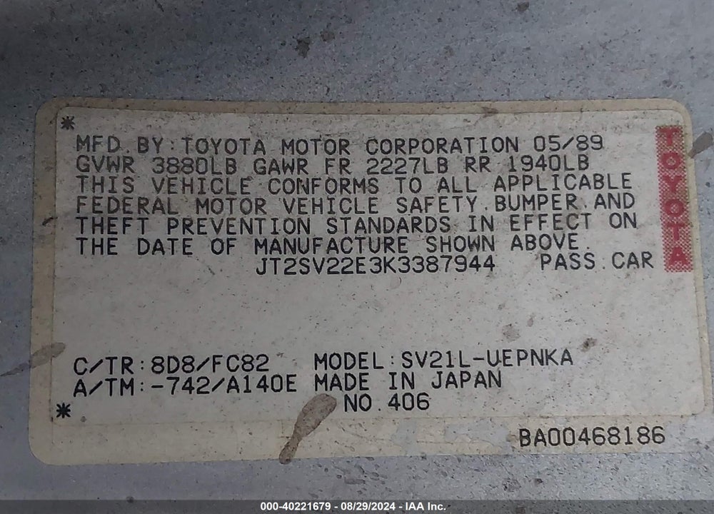 1989 TOYOTA CAMRY LE VIN: JT2SV22E3K3387944