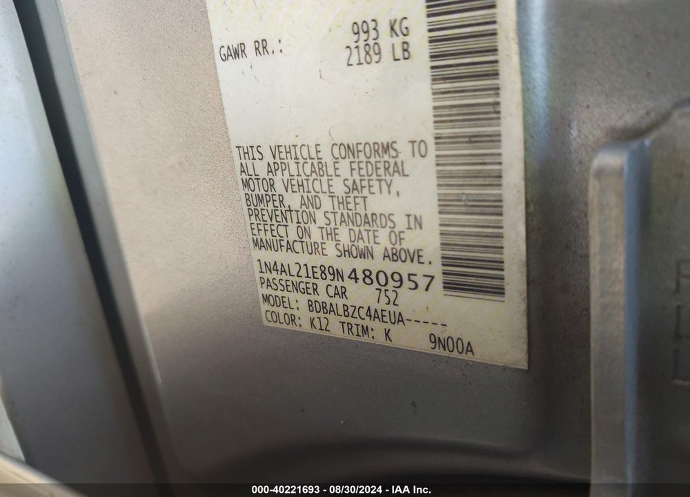 2009 NISSAN ALTIMA 2.5 S VIN: 1N4AL21E89N480957