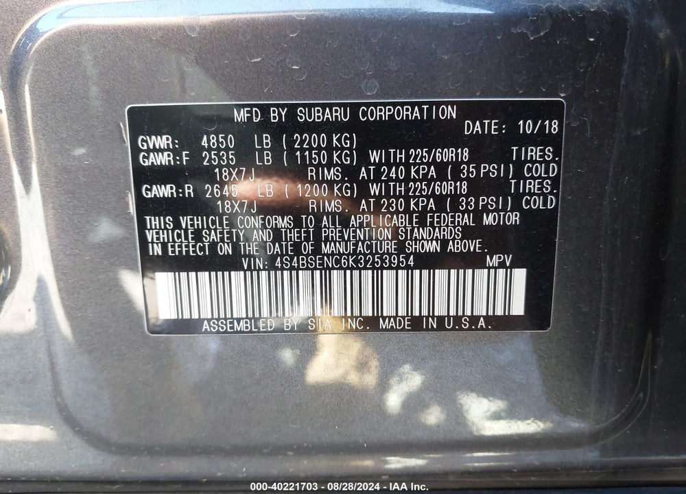 2019 SUBARU OUTBACK 3.6R LIMITED VIN: 4S4BSENC6K3253954