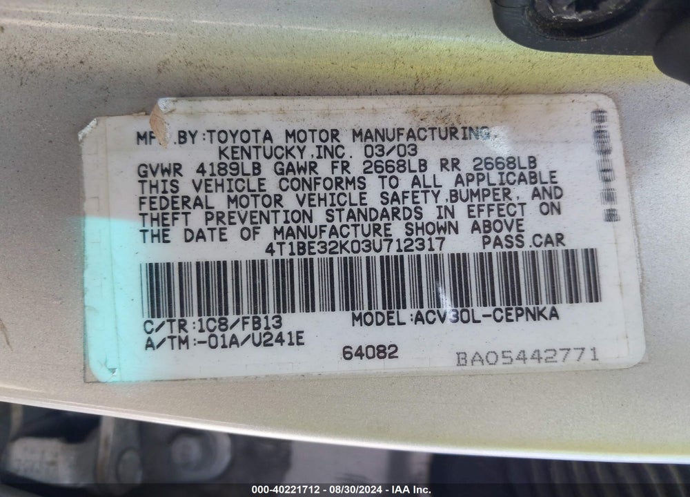 2003 TOYOTA CAMRY LE VIN: 4T1BE32K03U712317