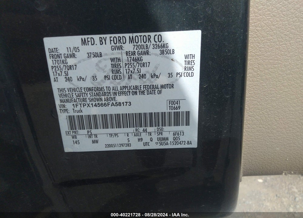 2006 FORD F-150 FX4/LARIAT/XL/XLT VIN: 1FTPX14566FA58173