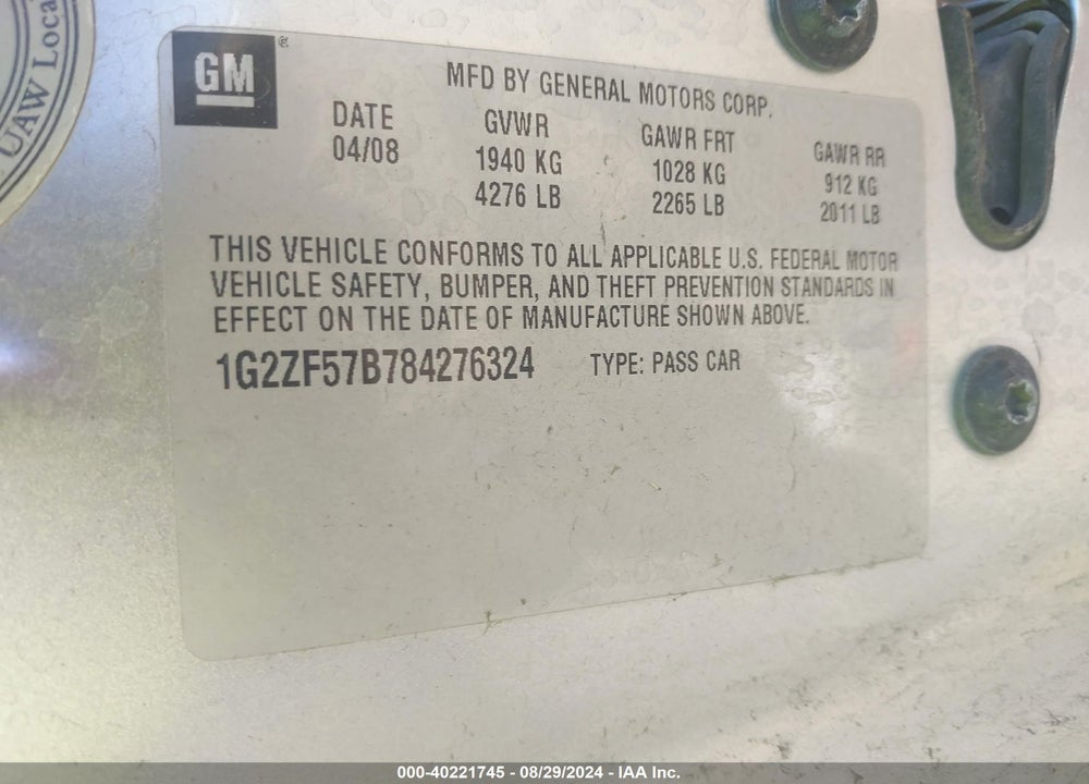 2008 PONTIAC G6 VALUE LEADER VIN: 1G2ZF57B784276324