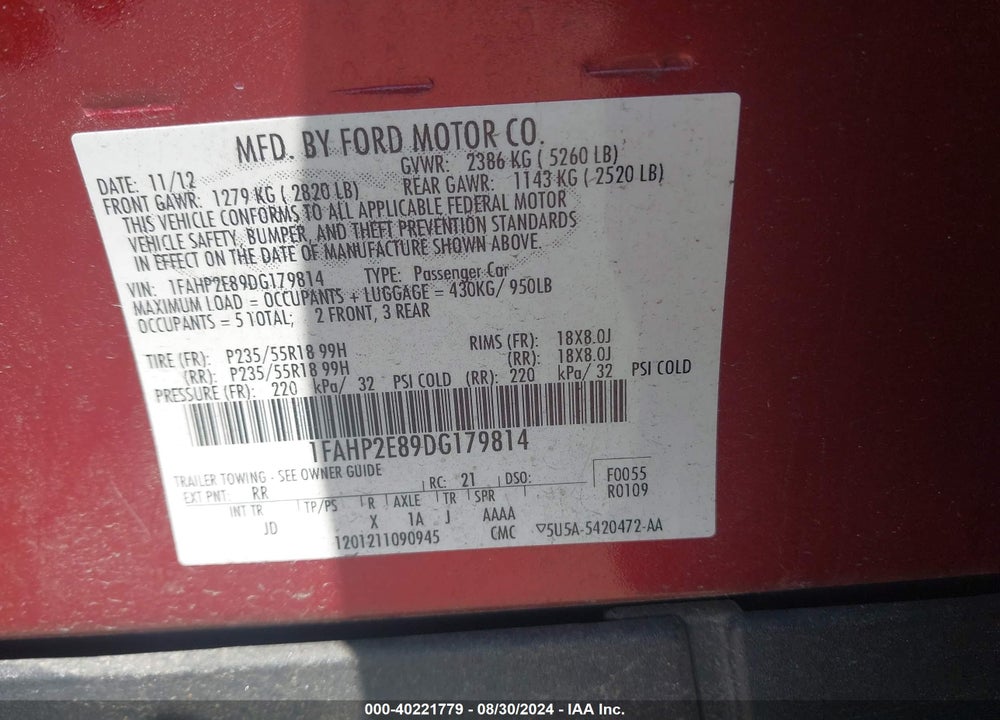 2013 FORD TAURUS SEL VIN: 1FAHP2E89DG179814