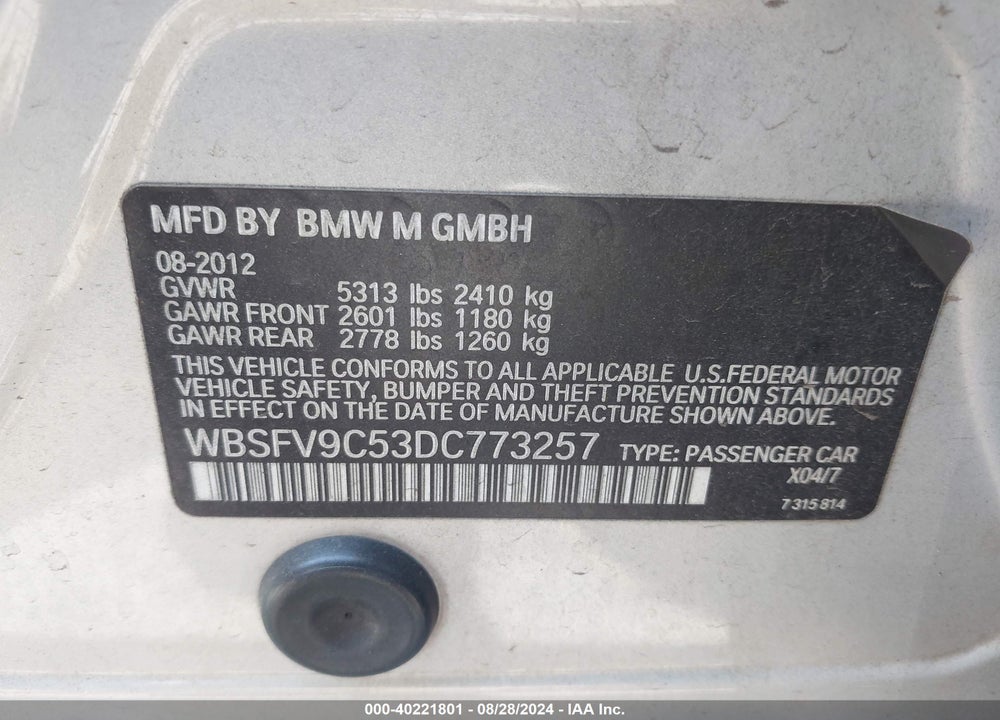 2013 BMW M5 VIN: WBSFV9C53DC773257